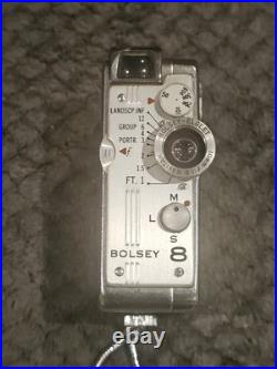 VINTAGE 1956 SUBMINIATURE BOLSEY 8 SINGLE 8MM MOVIE CAMERA & CASE & Strap works