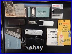 Vintage 1967 Minox B Subminiature Spy Camera with model B flashgun, film, literatu