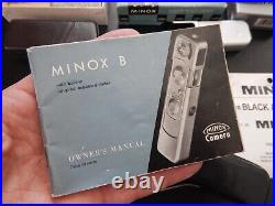 Vintage 1967 Minox B Subminiature Spy Camera with model B flashgun, film, literatu