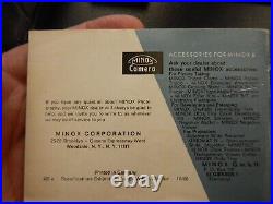 Vintage 1967 Minox B Subminiature Spy Camera with model B flashgun, film, literatu