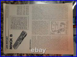 Vintage 1967 Minox B Subminiature Spy Camera with model B flashgun, film, literatu
