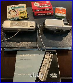 Vintage MINOX B SPY CAMERA Bundle/ Sealed Film! / FLASHES/ CASES & BOOK Mint