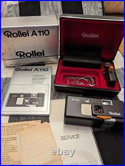 Vintage Miniature Rollei A110 Film Camera Bundle with Case, Chain, Flash & MORE