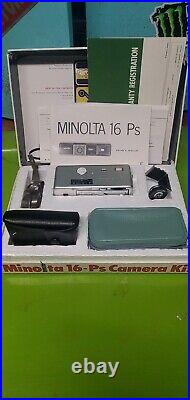 Vintage Minolta 16 Ps P Sub-Miniature Film Spy Camera Kit with Manuals Flash & Box