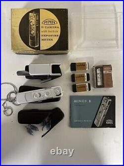 Vintage Minox B Miniature Spy Camera Lot with Manual Flash Bulb Chain Box Germany