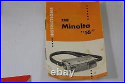 Vntg MINOLTA-16 Japan Rokkor 3.5/25 Lens Spy Subminiature Camera with Box & Case +